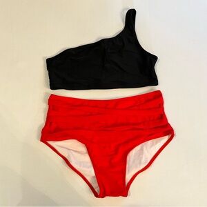 One Shoulder Two Piece Bathing Suit, Red/Black, Size L